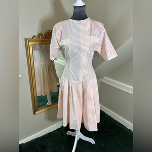 Vintage Medium Checkered Gingham Bib Front Cotton Midi Dress